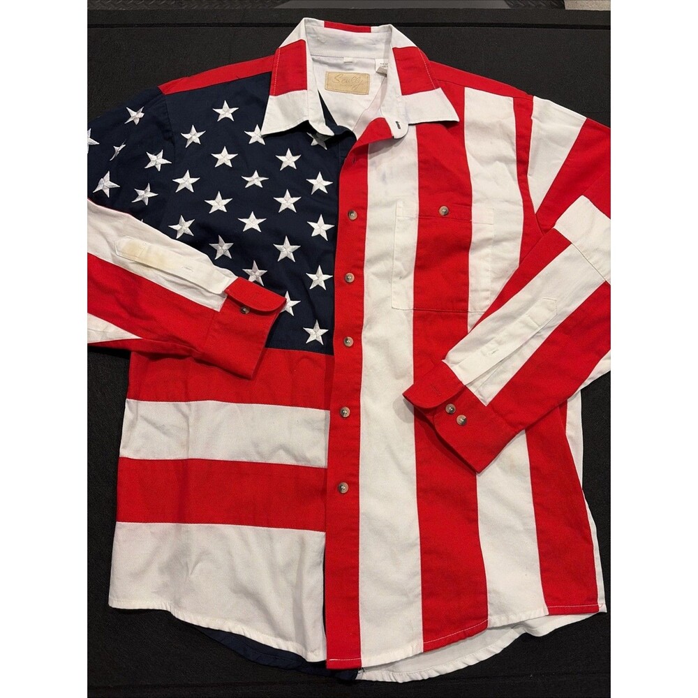 Vtg Rare Scully Western Shirt Adult Mens Sz Large Red White Blue American Flag